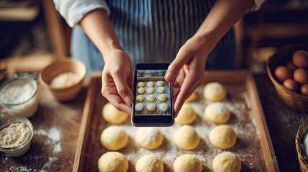 A pair of hands captures a smartphone photo of freshly made dough balls in a rustic kitchen. The scene features natural lighting and various baking ingredients.の素材