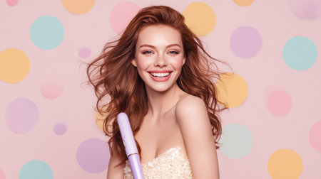 A vibrant portrait of a joyful young woman with flowing hair, showcasing a styling tool against a playful pastel background filled with colorful polka dots.の素材