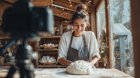 A joyful woman is kneading dough in a bright kitchen, capturing the warmth and creativity of cooking. Flour dust surrounds her, enhancing the cozy atmosphere.の素材