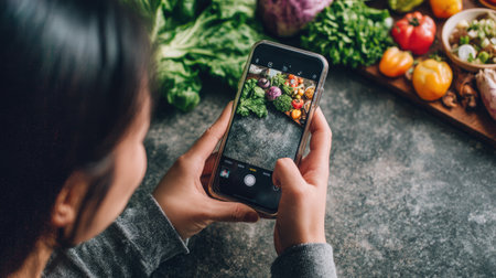 A person captures a stunning photo of vibrant fresh vegetables and fruits using a smartphone, showcasing a healthy cooking environment in a kitchen.の素材