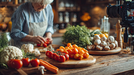 A senior chef skillfully preparing vibrant vegetables in a rustic kitchen. The scene captures the essence of healthy cooking, showcasing fresh ingredients and a warm atmosphere.の素材