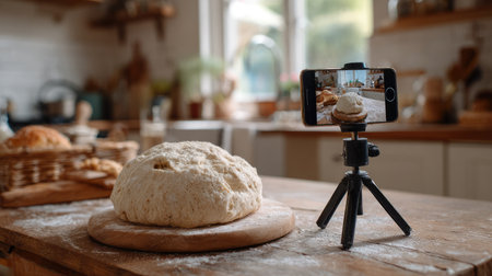 A cozy kitchen scene featuring freshly prepared bread dough on a wooden table, while a smartphone captures the moment, showcasing the art of cooking.の素材