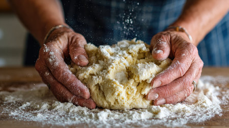 Close-up of hands kneading soft dough on a floured surface, showcasing the texture and motion of baking in a cozy kitchen atmosphere.の素材
