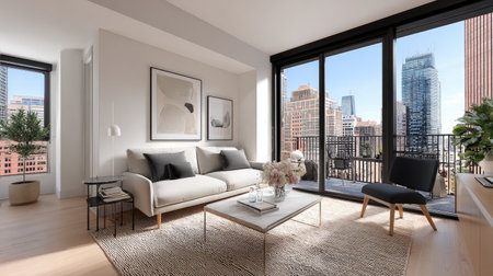 A stunning modern living room featuring elegant furniture, large windows with a breathtaking city skyline view, and a cozy atmosphere perfect for relaxation.の素材