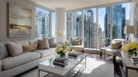 A stunning living room in a high-rise apartment showcases modern elegance with a city skyline view. Natural light streams through large windows, illuminating chic decor and stylish furnishings.の素材