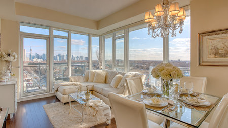 A stunning modern apartment interior featuring a bright living space with elegant decor, large windows showcasing a city skyline view, and a sophisticated dining area.の素材