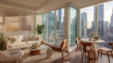 A bright and inviting living room featuring contemporary furniture and large windows showcasing a stunning city skyline. Ideal for urban lifestyles.の素材