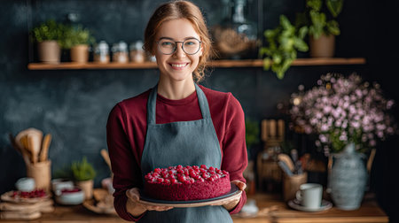 A cheerful woman wearing an apron proudly holds a vibrant red berry cake in a cozy kitchen filled with lush plants and baking tools, celebrating the joy of homemade desserts.の素材