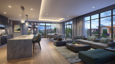 A modern living room and open kitchen area showcasing stylish furnishings, elegant decor, and abundant natural light, perfect for contemporary living.の素材