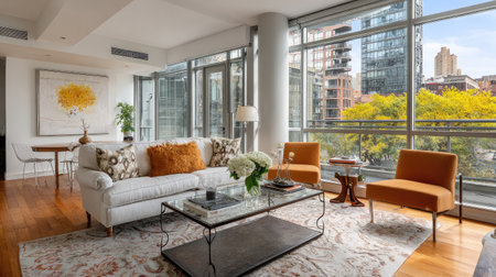 A stylish and contemporary living room featuring chic furniture and large windows that provide a vibrant cityscape view. The design emphasizes comfort, light, and elegance.の素材