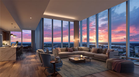 A beautifully designed modern living room offers a breathtaking sunset view through expansive glass windows. The stylish decor and cozy furniture create a warm atmosphere ideal for relaxation and social gatherings.の素材