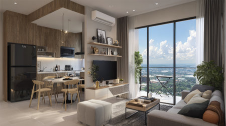 A beautifully designed modern apartment featuring a spacious living room with a panoramic window that offers stunning city views and natural light.の素材