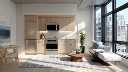 A stylish apartment showcases a modern kitchen with sleek cabinetry, complemented by a bright living room bathed in natural light, creating a cozy home atmosphere.の素材