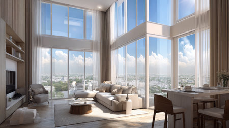 A stunning modern living room featuring floor-to-ceiling windows that allow abundant natural light and offer breathtaking views of the city skyline.の素材