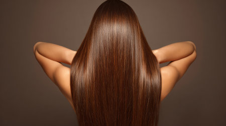 This image showcases a beautiful close-up of long, glossy brown hair styled behind shoulders, emphasizing health and elegance against a soft background.の素材