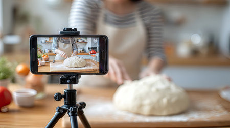 Cozy kitchen scene featuring a mobile phone set up to record a baker skillfully preparing dough, surrounded by fresh ingredients and warm decor.の素材