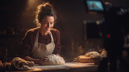 A joyful baker engages in the art of bread making, surrounded by flour and rustic charm. Warm lighting enhances the cozy kitchen ambiance, capturing a moment of culinary creativity.の素材