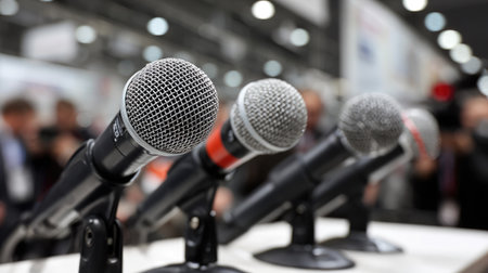 A captivating close-up of multiple professional microphones showcased at a trade event, highlighting the essential tools for sound and performance.の素材