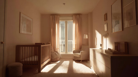 A cozy nursery filled with soft natural light through a large window, featuring a wooden crib, comfortable chair, and warm-toned decor, perfect for nurturing.の素材