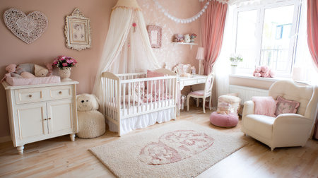 This charming baby room showcases a blend of soft pastel colors, elegant furniture, and cozy decor, creating a perfect nurturing environment for a newborn.の素材