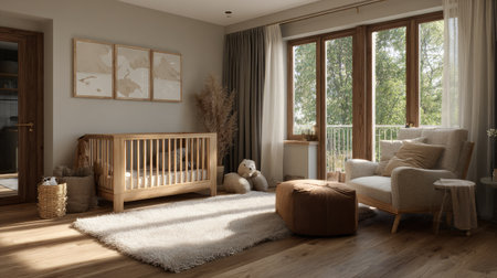 This beautiful nursery features a wooden crib, plush toys, and cozy seating, creating a bright and inviting atmosphere. Natural light floods the room, enhancing the peaceful vibe.の素材