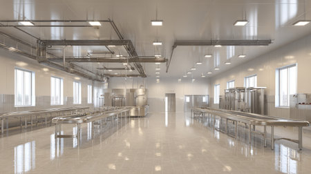 A spacious and modern commercial kitchen interior featuring stainless steel equipment and bright lighting, designed for efficiency and cleanliness in food preparation.の素材