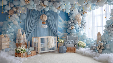 This enchanting nursery features an array of blue balloons and whimsical decor, creating a dreamy space perfect for a baby's peaceful retreat.の素材