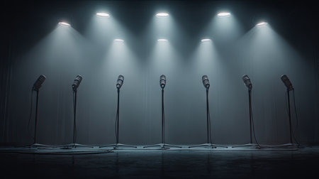A captivating scene featuring vintage microphones arranged on stands illuminated by dramatic stage lights, creating a powerful atmosphere for a performance.の素材