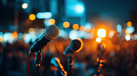A vibrant close-up of microphones set against a blurred crowd and glowing city lights at night, capturing the essence of a lively music event.の素材