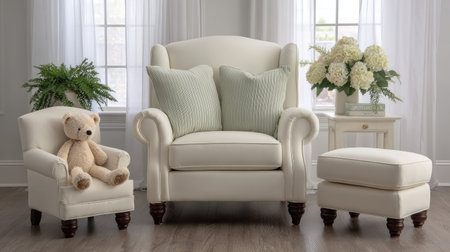 Discover a cozy living room setup featuring a plush armchair, matching ottoman, and decorative accents like flowers and greenery, creating an inviting atmosphere.の素材