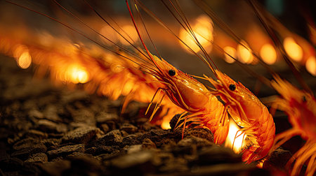 A close-up view of vibrant grilled shrimp sizzling over glowing charcoal embers creates a captivating culinary experience. The gleaming orange hue and intricate details highlight the beauty of seafood cooking. Perfect for food lovers and culinary enthusiasts.の素材