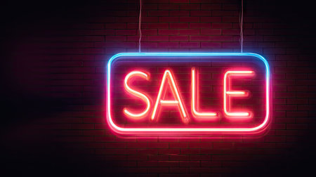 A striking neon sign illuminating the word "SALE" with bright colors against a dark brick wall, perfect for showcasing promotions and attracting customers.の素材