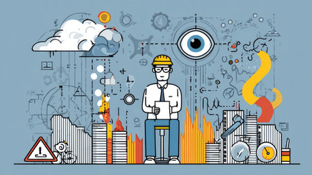 Illustration showcasing an engineer at work, surrounded by various tools and elements representing design, technology, and innovation in an industrial setting.の素材