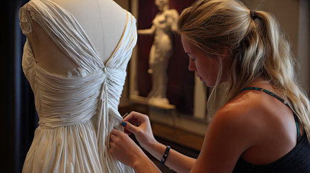 A skilled seamstress carefully stitches a detailed white dress on a mannequin in an elegant studio, showcasing artistry and dedication to fashion design.の素材