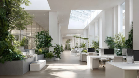 A modern office space featuring lush greenery and natural light, promoting a serene and productive environment. Ideal for creative professionals seeking balance.の素材