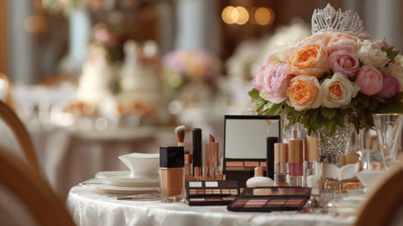 A beautifully arranged table featuring an array of cosmetic products and elegant floral arrangements, creating a serene and inviting atmosphere for a special occasion.の素材
