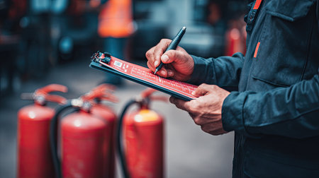 A technician conducts a fire safety check in an industrial setting. The clipboard holds a checklist to ensure compliance with safety regulations and proper procedures.の素材