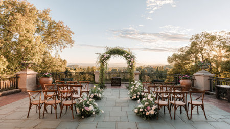 Beautiful outdoor wedding ceremony setup featuring an elegant floral arch, surrounded by chairs and a scenic backdrop, creating a romantic atmosphere.の素材