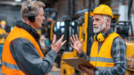 Two workers engage in a productive discussion in a busy warehouse setting. They prioritize safety and teamwork while communicating essential operational details.の素材
