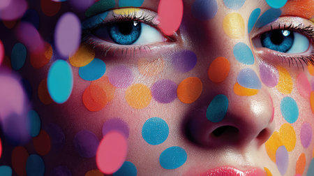 This captivating close-up features a woman's face beautifully decorated with colorful dots, showcasing bold artistic makeup that enhances her striking blue eyes.の素材