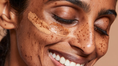 A joyful woman with freckles smiles while applying foundation to her skin in this close-up portrait, showcasing a natural and healthy beauty routine.の素材