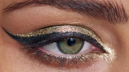 This close-up image features an eye adorned with striking black and gold eyeliner, highlighting the artistry of makeup application. The natural eyebrow complements the look.の素材