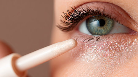 A close-up view showcasing the application of shimmering eye makeup on the lower lash line, highlighting a beautiful green eye, evoking elegance and beauty.の素材