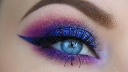 Stunning eye makeup featuring a mesmerizing blend of vibrant purple and blue shades, enhanced with glitter and elegantly winged eyeliner, perfect for any occasion.の素材