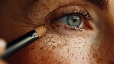 A detailed close-up of a person applying concealer makeup under the eye, showcasing beauty techniques and natural skin texture for a fresh look.の素材