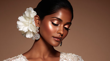 This captivating portrait showcases an elegant woman adorned with a beautiful flower hair accessory and stunning makeup, radiating confidence and grace.の素材