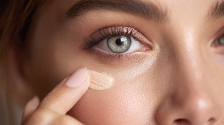 A visually striking close-up of a woman applying foundation on her cheek, highlighting her clear blue eye and flawless skin texture, showcasing beauty and elegance.の素材