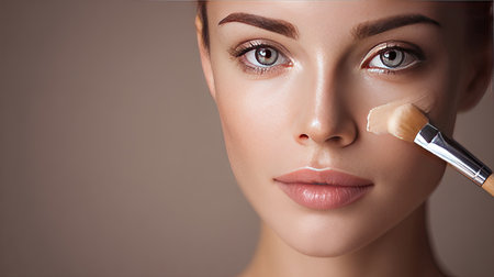 A captivating close-up of a young woman applying foundation with a brush on her flawless skin, embodying modern beauty and sophisticated makeup techniques.の素材
