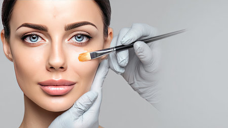 A professional makeup artist applies cosmetics to a beautiful woman's face, showcasing glowing skin and precise techniques in a modern studio ambiance.の素材
