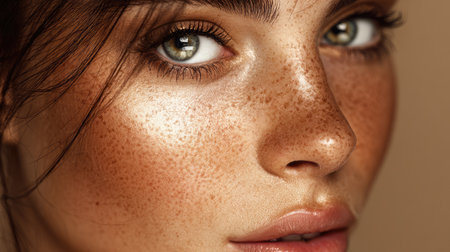 This beautiful close-up portrait captures a woman with striking freckles and glowing skin, showcasing her captivating green eyes and serene expression.の素材